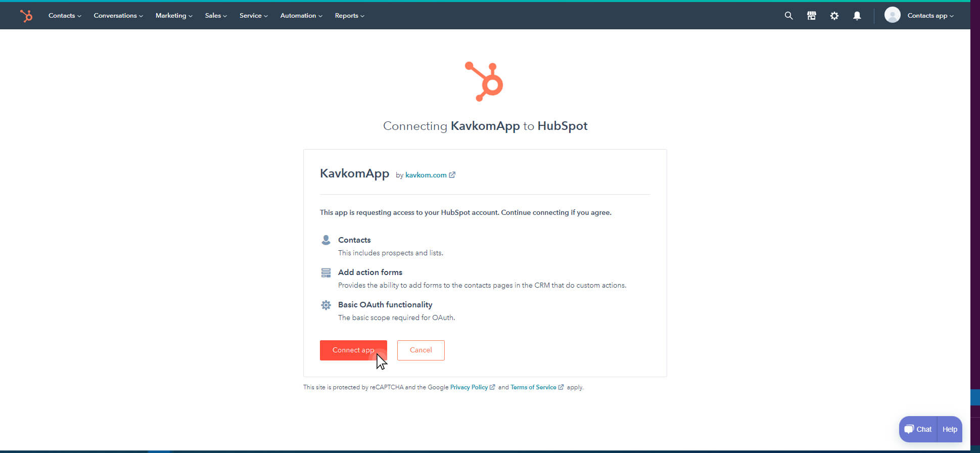 Connect App Kavkom to HubSpot