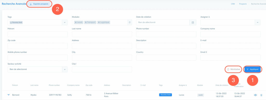 Leads section Filters