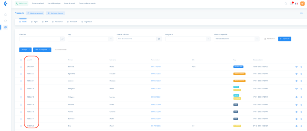 Retrouver le lead ID