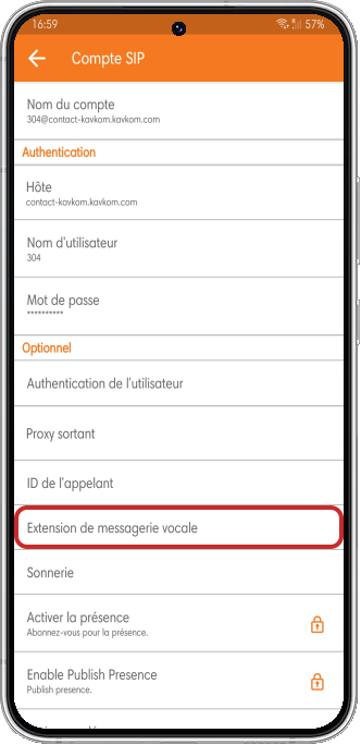 Renseigner l'extension de la messagerie vocale