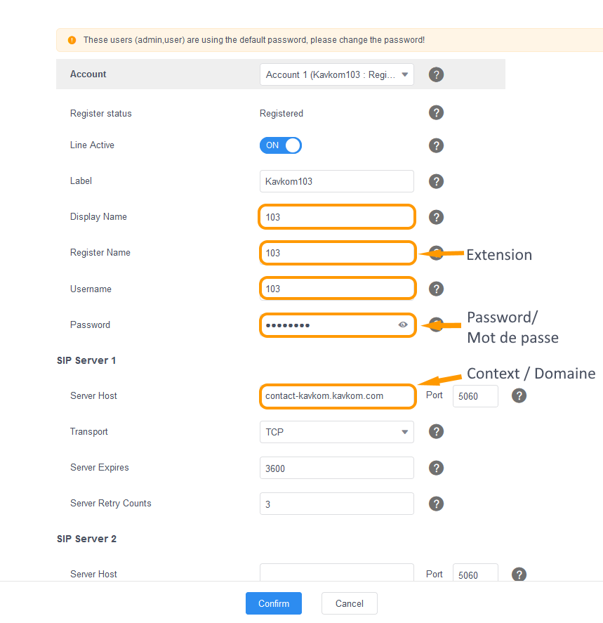 Renseigner les informations du compte Kavkom