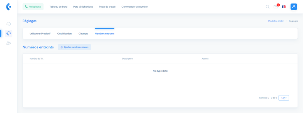 predictif reglages onglet numéros entrants