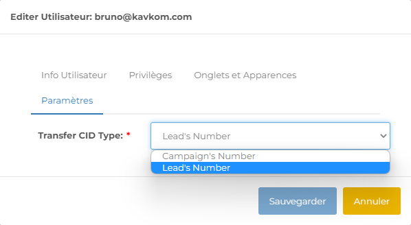Paramètres d'affichage du numéro lors d'un transfert pour un utilisateur du Dialer Kavkom