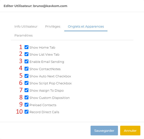 Personnaliser l'affichage des fonctionnalités des utilisateurs du Dialer Kavkom
