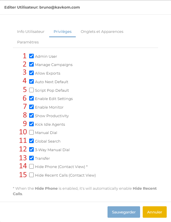 Personnaliser les privilèges utilisateurs du Dialer Kavkom