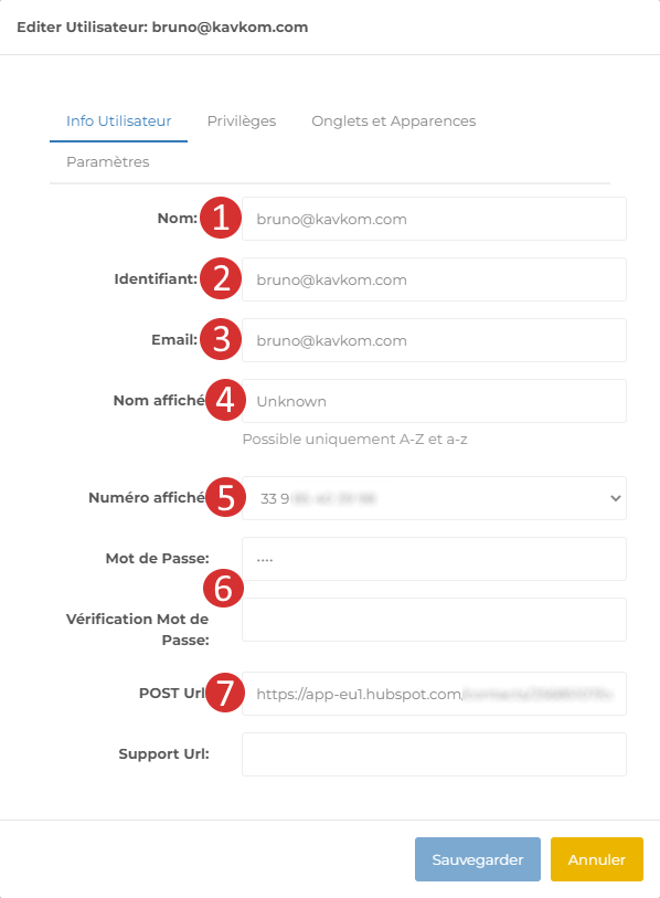 Régler les informations utilisateurs du Dialer Kavkom