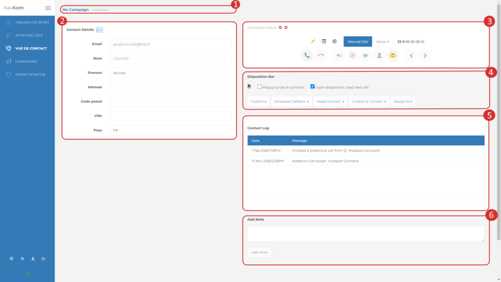 Vue de contact Dialer Kavkom