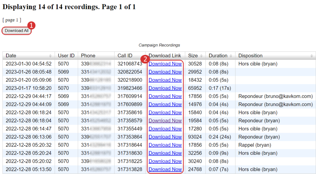 Liste des enregistrements d'une campagne sur le Dialer de Kavkom
