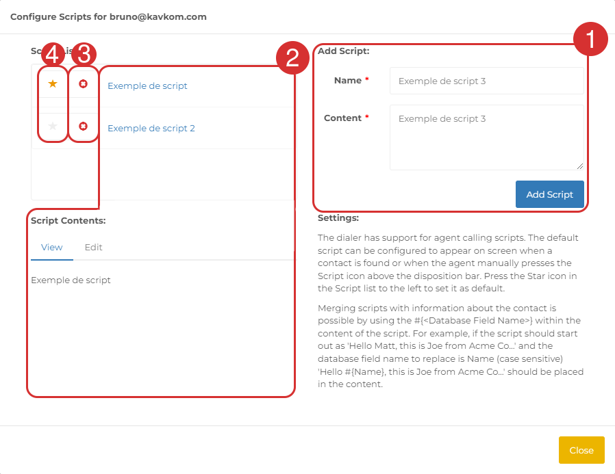 Configuring a Dialer Kavkom user's sales pitch