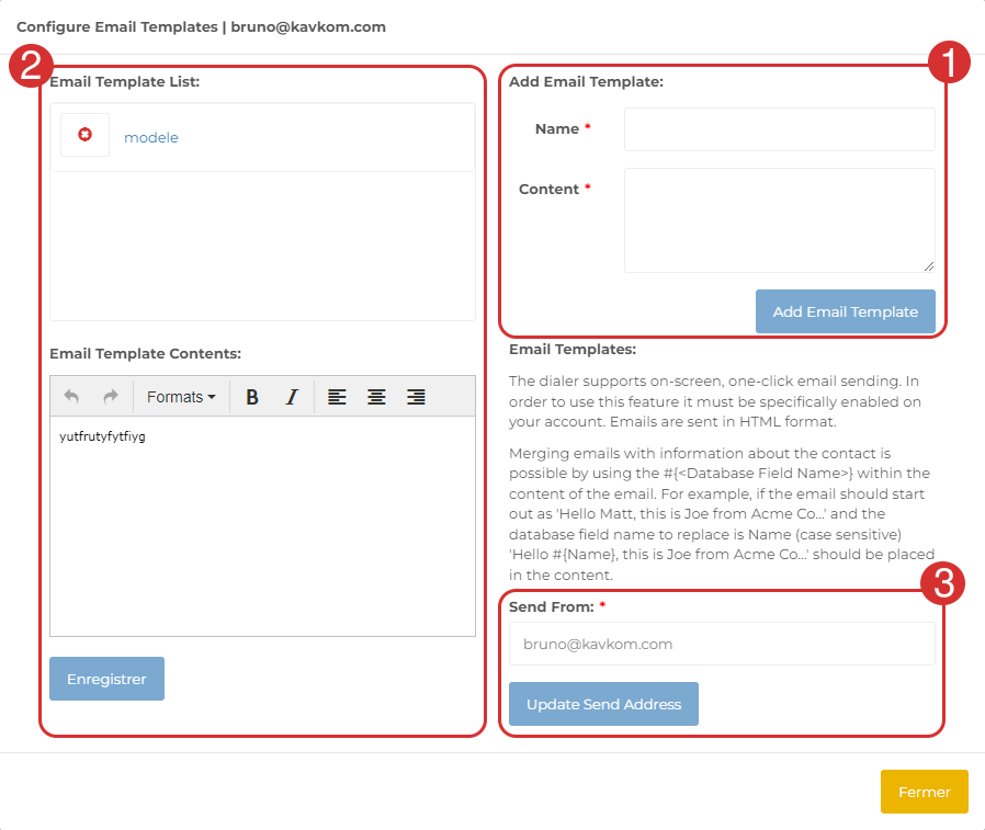 הגדרת תבניות דוא"ל עבור משתמש Kavkom Dialer