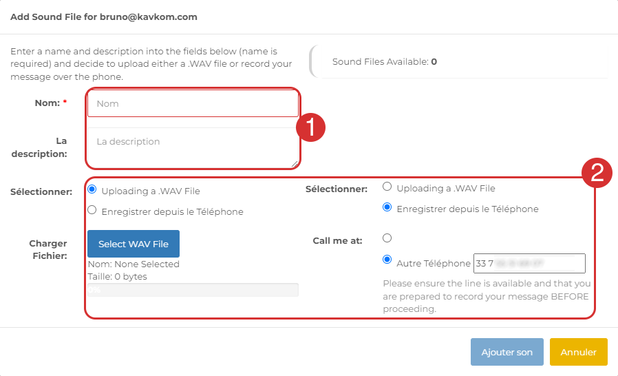 Configuring sounds for a Dialer Kavkom user