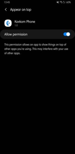Allow Kavkom Phone to appear on top on Android
