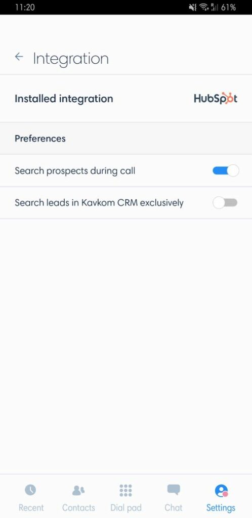 Settings integration in the Kavkom application for Android
