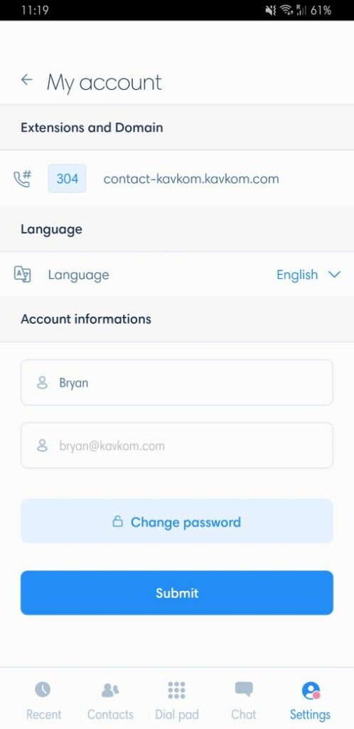 My account menu in the Kavkom application for Android
