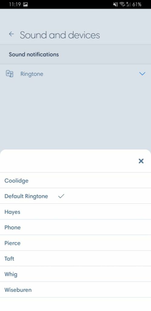 Sound and device settings in the Kavkom application for Android