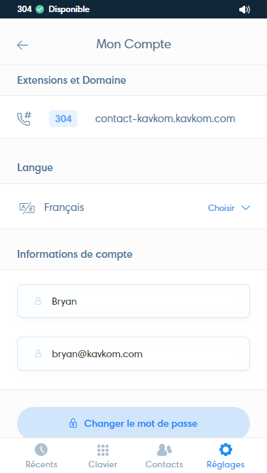 Paramètre mon compte du Webphone Kavkom