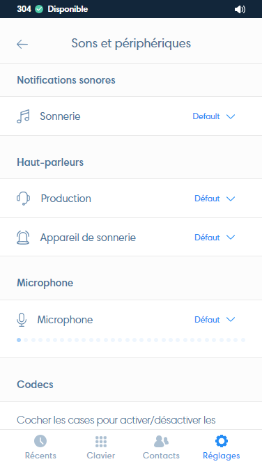 Paramètre de sons et périphériques du Webphone Kavkom