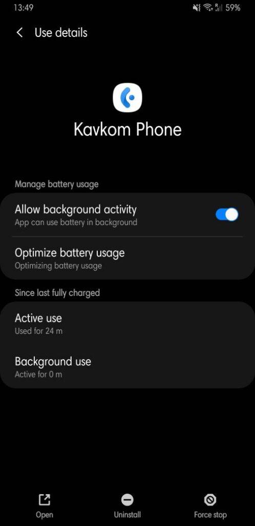 Allow Kavkom Phone to use battery in background on Android