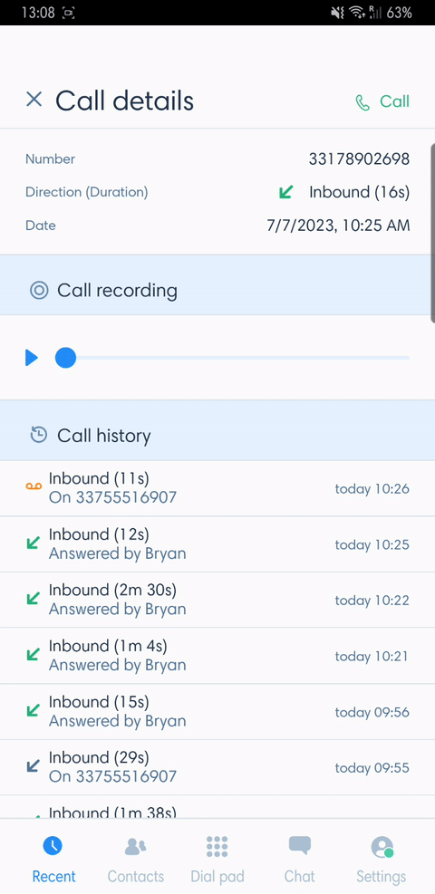 Call details on Kavkom Phone Android