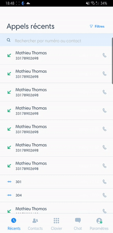 L'historique d'appels du Kavkom Phone sur Android