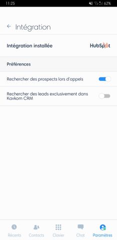Paramètres intégration dans l'application Kavkom pour Android