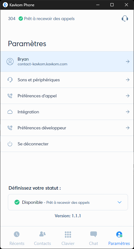 Kavkom Phone application settings on Windows