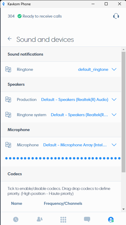 Sound and devices settings in the Kavkom application on Windows
