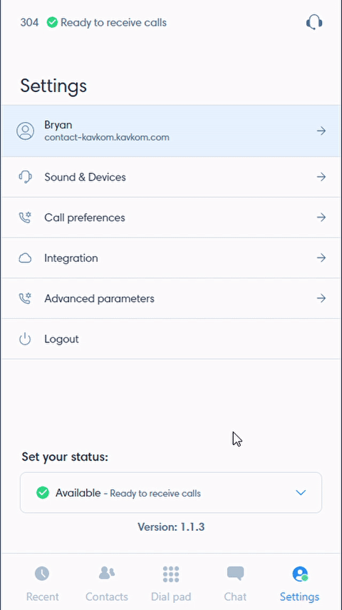 Changing the status in Kavkom Phone on Windows