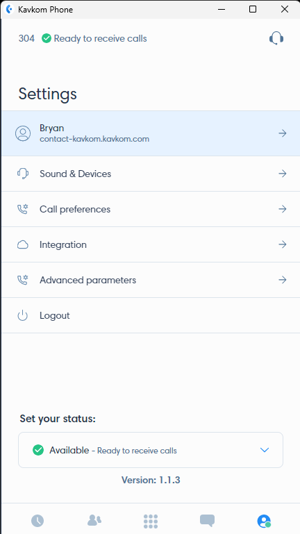 Kavkom Phone application settings on Windows