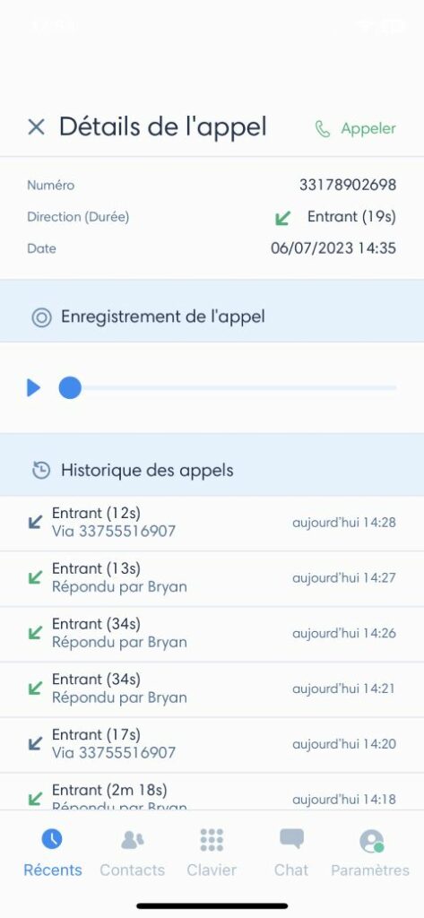 Détails des appels dans le Kavkom Phone sur iOS