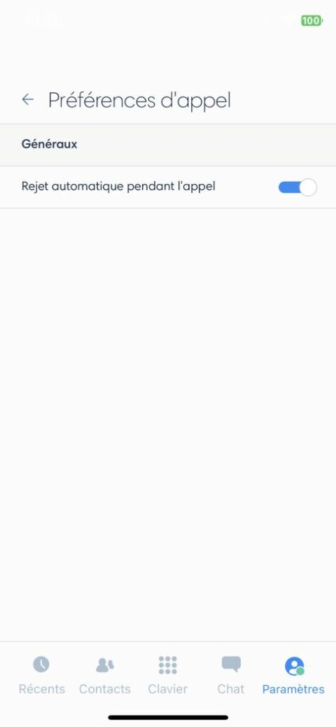 Préférences d'appel dans l'application Kavkom pour iOS