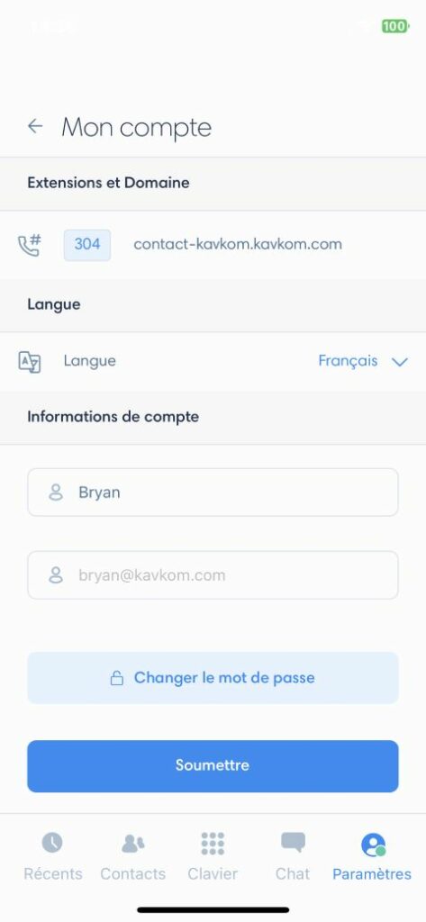 Menu mon compte dans l'application Kavkom pour iOS