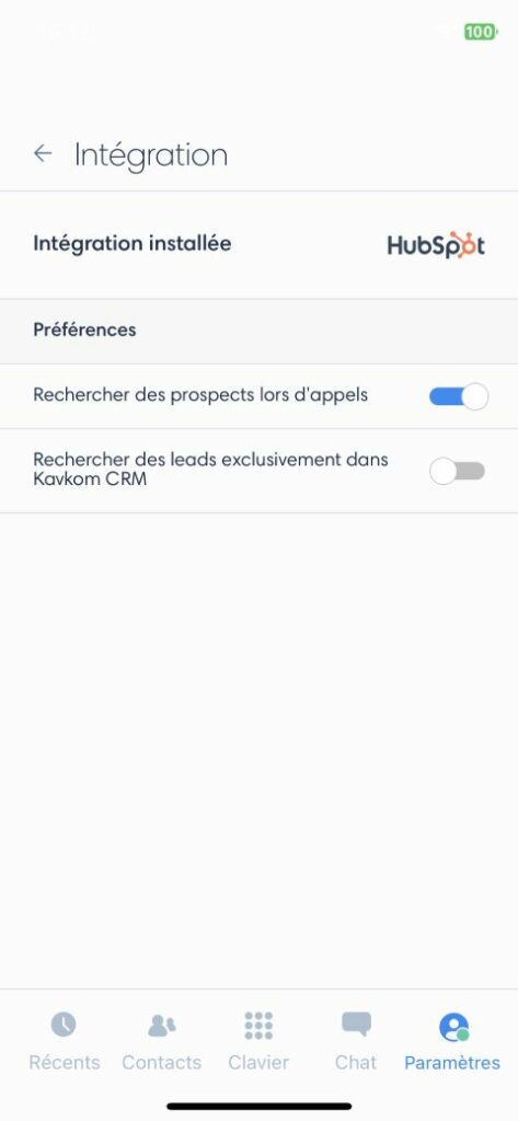 Paramètres intégration dans l'application Kavkom pour iOS