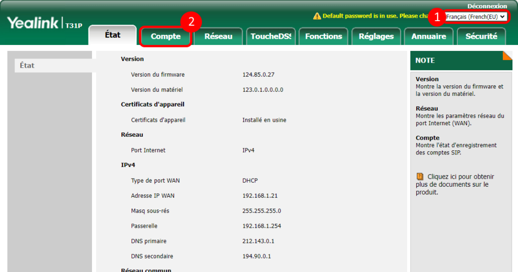 Account-yealink Interface de configuration d'un téléphone Yealink de la série T3