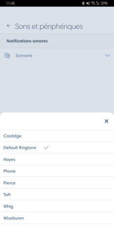 Paramètres sons et périphériques dans l'application Kavkom pour Android