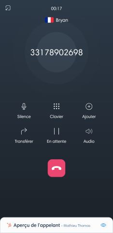 Vue en curs d'appel du Kavkom Phone sur Android