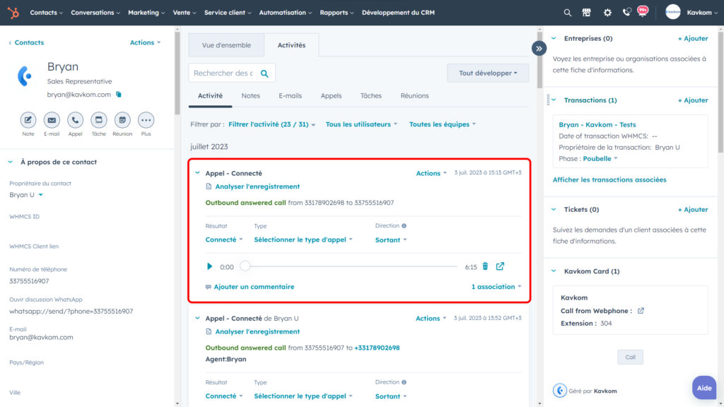 Call activity in HubSpot contact records